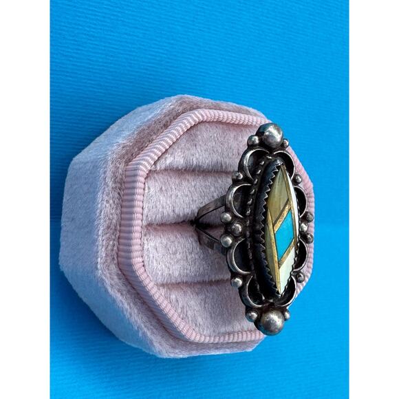 Vintage Navajo Sterling Silver Ring | Turquoise & Mother of Pearl Inlay - Picture 2 of 3